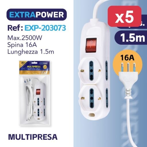 Extrapower Multipresa 4 pos. bipasso 10/16A 2 schuko, con interruttore on/off, spina 16A, cavo 1,5m ART.EXP203073