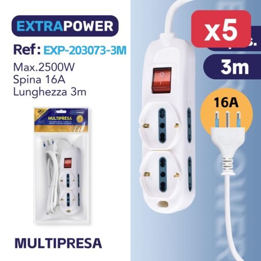 Extrapower Multipresa 4 pos. bipasso 10/16A 2 schuko, con interruttore on/off, spina 16A, cavo 3m ART.EXP203073-3M