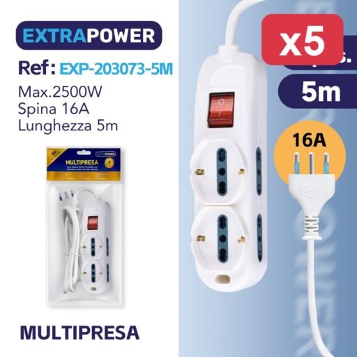 **Extrapower Multipresa 4 pos. bipasso 10/16A  2 schuko, con interruttore on/off, spina 16A, cavo 5m ART.EXP203073-5M