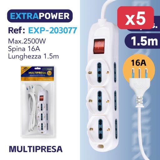 Extrapower Multipresa 6 pos. bipasso 10/16A 3 schuko, con interruttore on/off, spina 16A, cavo 1,5m ART.EXP203077