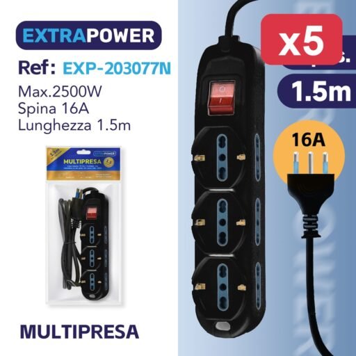 Extrapower Multipresa 6 pos. bipasso 10/16A 3 schuko, con interruttore on/off, spina 16A, cavo 1,5m - NERA ART.EXP203077N