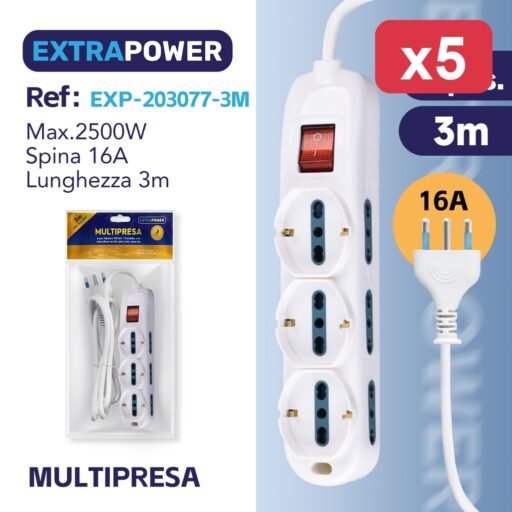 **Extrapower Multipresa 6 pos. bipasso 10/16A  3 schuko, con interruttore on/off, spina 16A, cavo 3m ART.EXP203077-3M