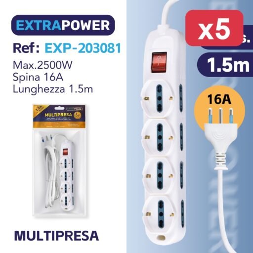 Extrapower Multipresa 8 pos. bipasso 10/16A 4 schuko, con interruttore on/off, spina 16A, cavo 1,5m ART.EXP203081