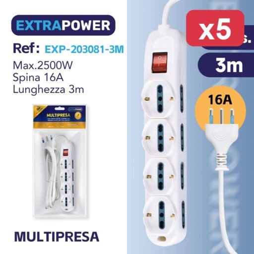 **Extrapower Multipresa 8 pos. bipasso 10/16A 4 schuko, con interruttore on/off, spina 16A, cavo 3m ART.EXP203081-3M