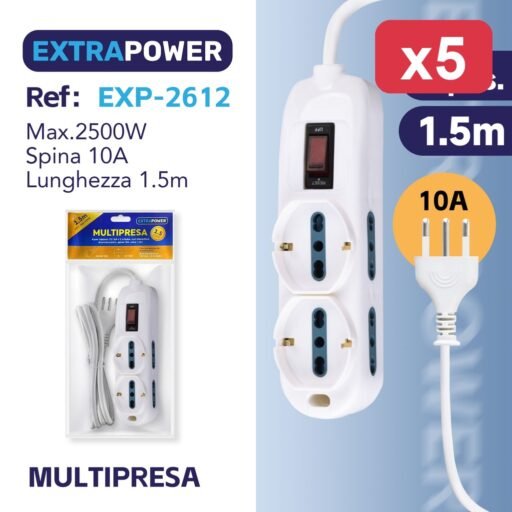 Extrapower Multipresa 4 pos. bipasso 10/16A 2 schuko, con interruttore di sovraccarico, spina 10A, cavo 1,5m ART.EXP2612