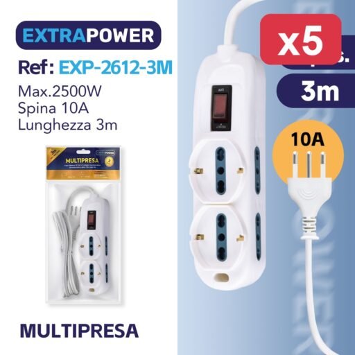 **Extrapower Multipresa 4 pos. bipasso 10/16A  2 schuko, con interruttore di sovraccarico, spina 10A, cavo 3m ART.EXP2612-3M