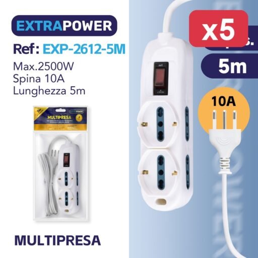 **Extrapower Multipresa 4 pos. bipasso 10/16A  2 schuko, con interruttore di sovraccarico, spina 10A, cavo 5m ART.EXP2612-5M