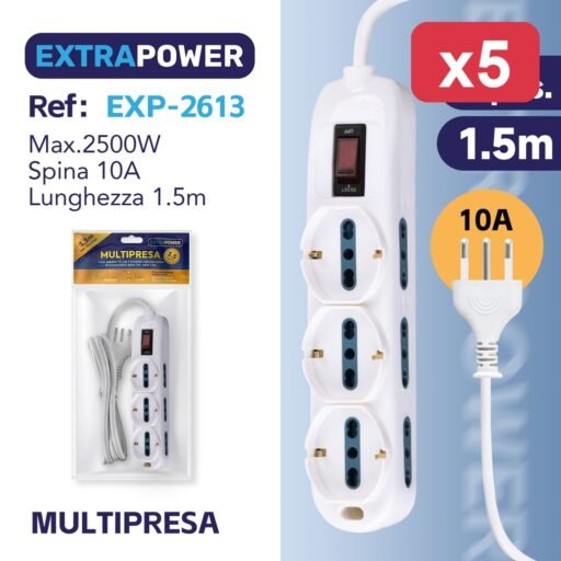 Extrapower Multipresa 6 pos. bipasso 10/16A 3 schuko, con interruttore di sovraccarico, spina 10A, cavo 1,5m ART.EXP2613