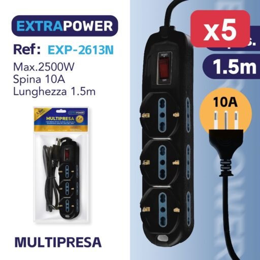 **Extrapower Multipresa 6 pos. bipasso 10/16A  2 schuko, con interruttore di sovraccarico, spina 10A, cavo 1,5m - NERA ART.EXP2613N