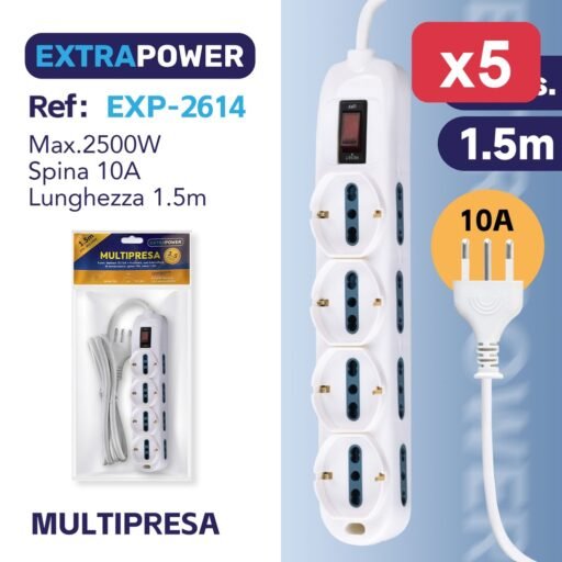 **Extrapower Multipresa 8 pos. bipasso 10/16A 4 schuko, con interruttore di sovraccarico, spina 10A, cavo 1,5m ART.EXP2614