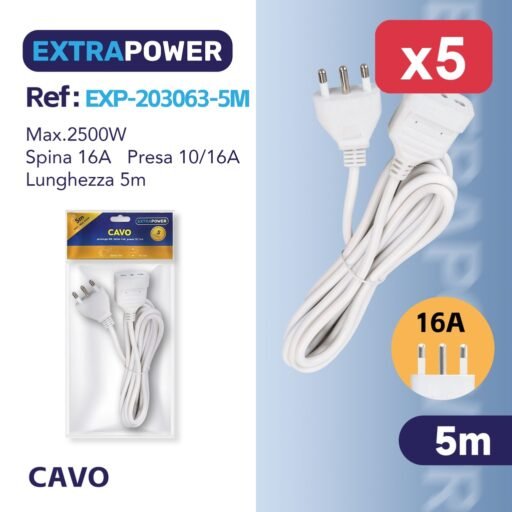 Extrapower Cavo prolunga 5M, Spina 16A, presa 10/16A ART.EXP203063-5M