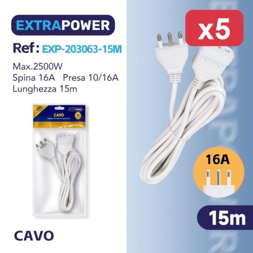 Extrapower Cavo prolunga 15M, Spina 16A, presa 10/16A ART.EXP203063-15M