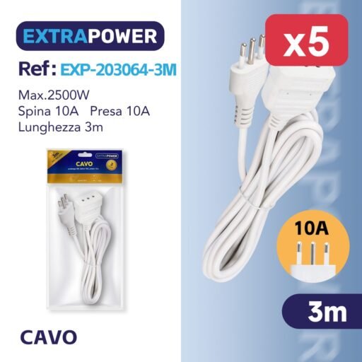 Extrapower Cavo prolunga 3M, Spina 10A, presa 10A ART.EXP203064-3M