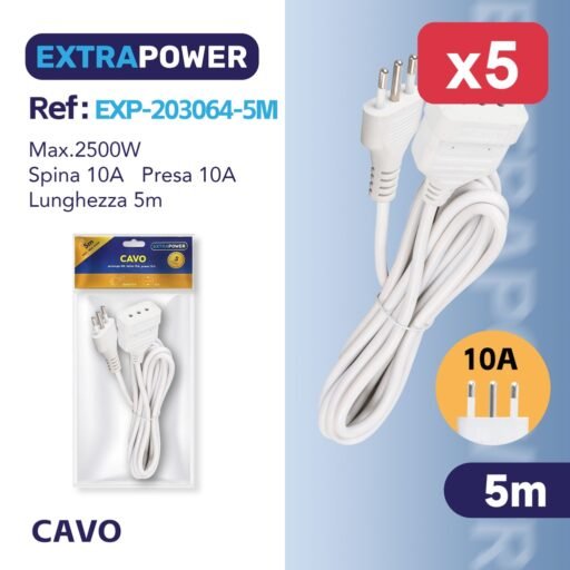 Extrapower Cavo prolunga 5M, Spina 10A, presa 10A ART.EXP203064-5M