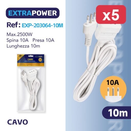 Extrapower Cavo prolunga 10M, Spina 10A, presa 10A ART.EXP203064-10M