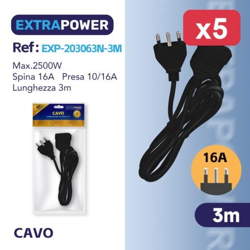 Extrapower Cavo prolunga 3M, Spina 16A, presa 10/16A, NERA ART.EXP203063N-3M