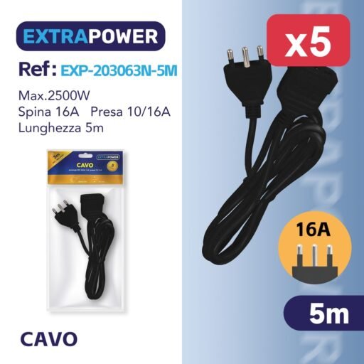 Extrapower Cavo prolunga 5M, Spina 16A, presa 10/16A, NERA ART.EXP203063N-5M