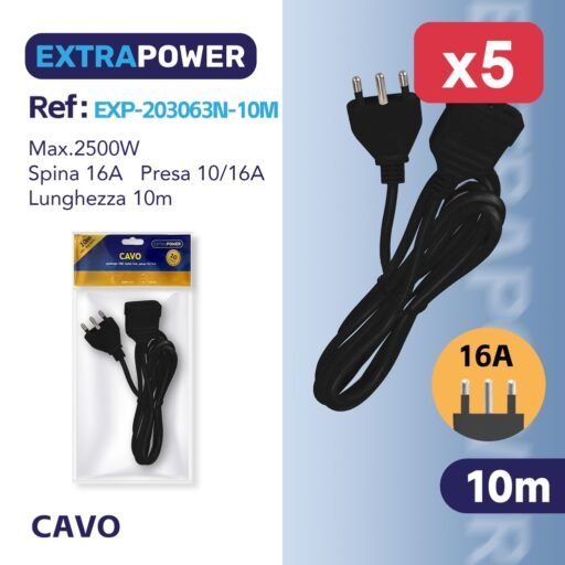 Extrapower Cavo prolunga 10M, Spina 16A, presa 10/16A, NERA ART.EXP203063N-10M