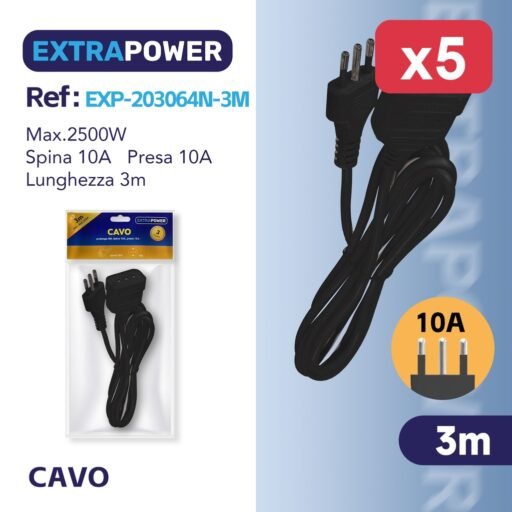 Extrapower Cavo prolunga 3M, Spina 10A, presa 10A, NERA ART.EXP203064N-3M