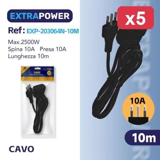 Extrapower Cavo prolunga 10M, Spina 10A, presa 10A, NERA ART.EXP203064N-10M