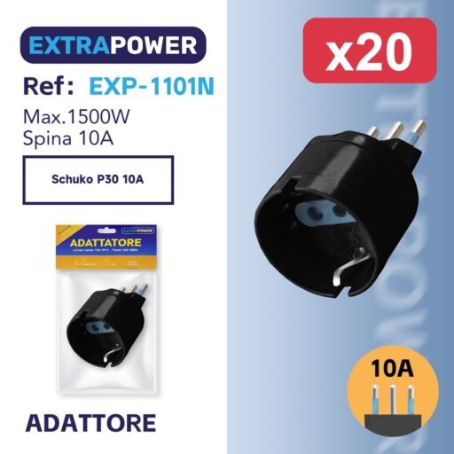 Extrapower Adattatore schuko Spina 10A 2PT, - Presa 10A NERA ART.EXP-1101N
