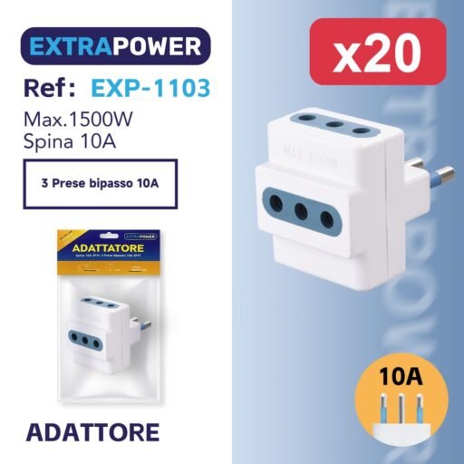 Extrapower Adattatore Spina 10A 2PT, 3 Presa Bipasso 10A 2PT ART.EXP-1103