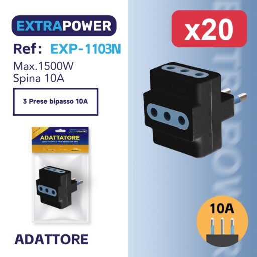 Extrapower Adattatore Spina 10A 2PT, 3 Presa Bipasso 10A 2PT - NERA ART.EXP-1103N