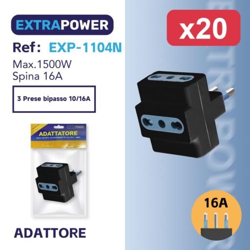 Extrapower Adattatore Spina 16A 2PT, 3 Presa Bipasso 10/16A 2PT - NERA ART.EXP-1104N