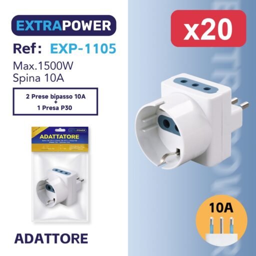 Extrapower Adattatore Spina10A 2PT, 2 Prese 10A 2PT 1 Presa P30 (Italian 10A - German 16A)  ART.EXP-1105
