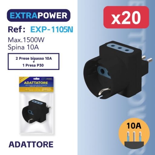 Extrapower Adattatore Spina10A 2PT, 2 Prese 10A 2PT 1 Presa P30 (Italian 10A - German 16A)- NERA ART.EXP-1105N