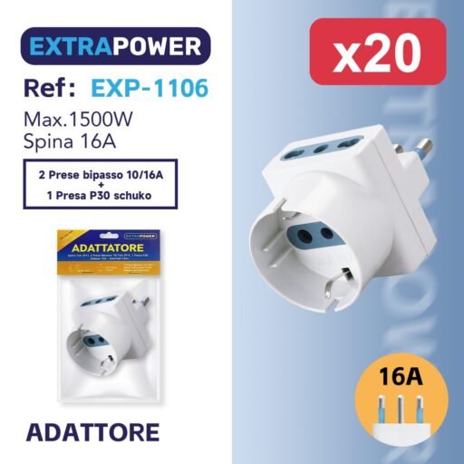 Extrapower Adattatore Spina 16A 2PT, 2 Presa Bipasso 10/16A 2PT 1 Presa P30 (Italian 10A - German 16A) ART.EXP-1106