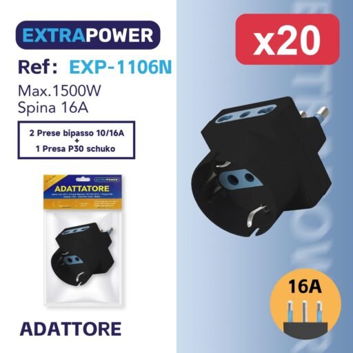 Extrapower Adattatore Spina 16A 2PT, 2 Presa Bipasso 10/16A 2PT 1 Presa P30 (Italian 10A - German 16A)- NERA ART.EXP-1106N