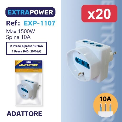 Extrapower Adattatore Spina 10A 2PT, 2 Presa Bipasso 10/16A 2PT 1 Presa P40 (10/16A) con protezione da sovraccarico ART.EXP-1107