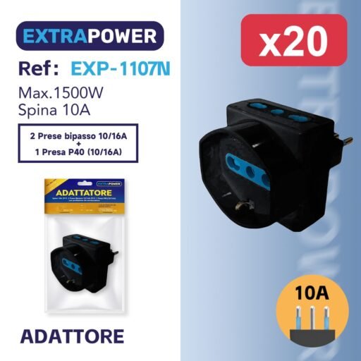 Extrapower Adattatore Spina 10A 2PT, 2 Presa Bipasso 10/16A 2PT 1 Presa P40 (10/16A) - NERA con protezione da sovraccarico ART.EXP-1107N