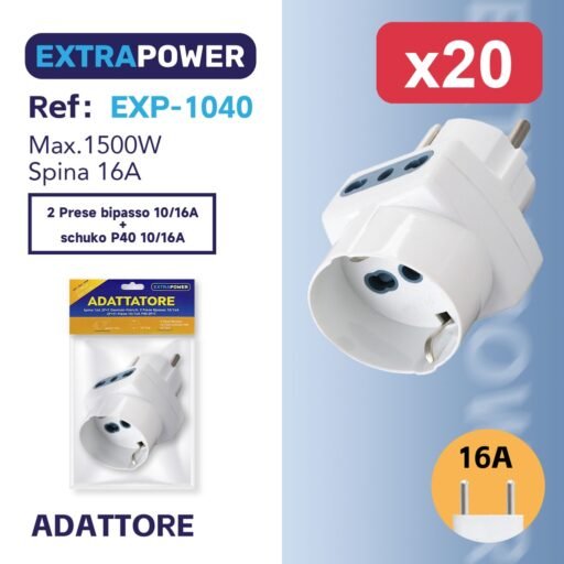 Extrapower Adattatore Spina 16A 2PT German-French 2 Presa Bipasso 10/16A 2PT 1 Presa 10/16A P40 2PT ART.EXP-1040