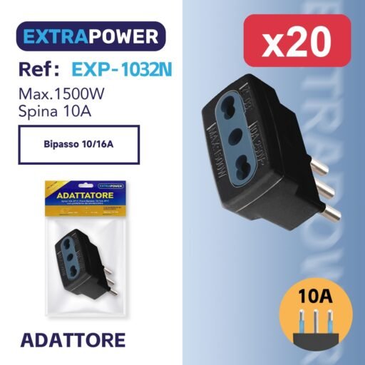 Extrapower Adattatore Spina 10A 2PT, Presa Bipasso 10/16A 2PT - NERA ART.EXP-1032N
