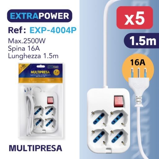 Extrapower Multipresa 4 posti 10/16A schuko, con interruttore on/off, spina 16A cavo 1,5m ART.EXP-4004P
