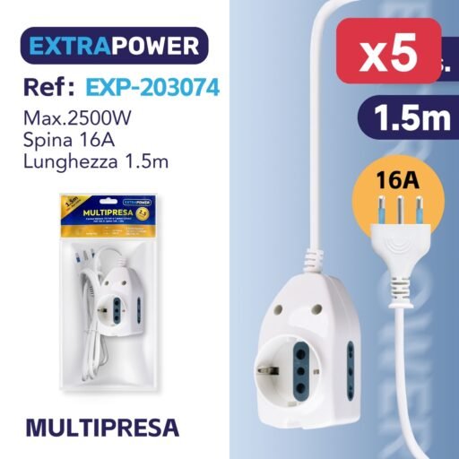Extrapower Multipresa 2 prese bipasso 10/16A e 1 presa schuko P30 10A IT, Spina 16A, cavo 1,5m ART.EXP-203074