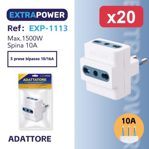 Extrapower Adattatore Spina 10A 2PT, 3 Presa Bipasso 10/16A 2PT con protezione da sovraccarico ART.EXP-1113
