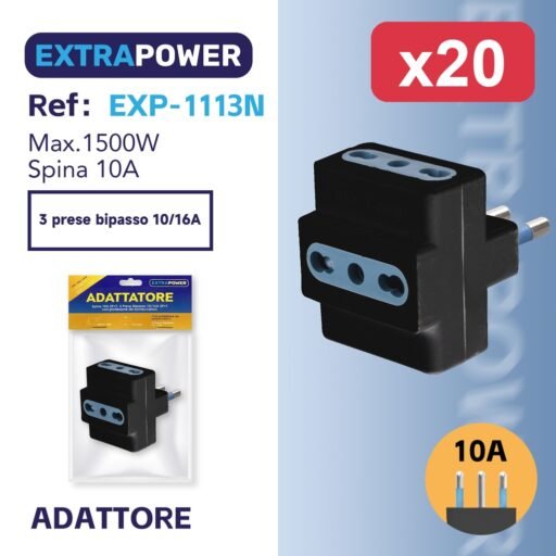 Extrapower Adattatore Spina 10A 2PT, 3 Presa Bipasso 10/16A 2PT - NERA - con protezione da sovraccarico ART.EXP-1113N