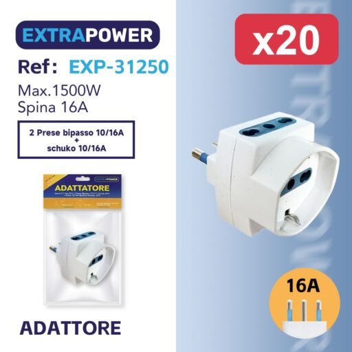 Extrapower Adattatore Spina S17 16A 2PT, 2 Presa Bipasso P17/11 10/16A 2PT 1 Presa 10/16A Bipasso/Schuko, 2PT ART.EXP-31250