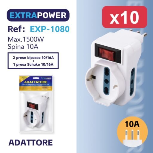 Extrapower Adattore spina 10A, 2 prese bipasso 10/16A and 1 presa Schuko 10/16 con interruttore di sicurezza ART.EXP-1080