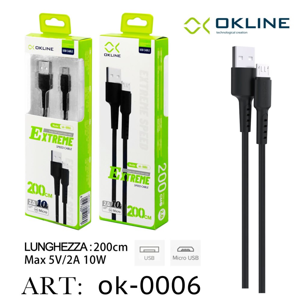 Art.Ok-0006 Okline Micro Usb Cavo 200Cm Nero