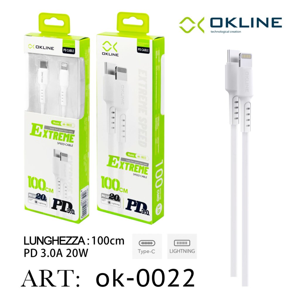 Art.Ok-0022 Okline Type-C Iphone Lightning Cavo 3A 20W100Cm Bianco