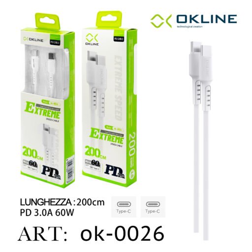 Art.Ok-0026 Okline Type-C Type-C Cavo 3A 60W200Cm Bianco