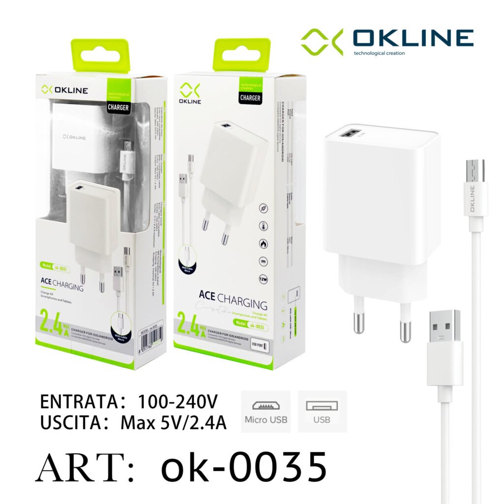 ART.OK-0035 OKLINE USB Caricatore da muro 2.4A Con Micro USB Cavo Bianco