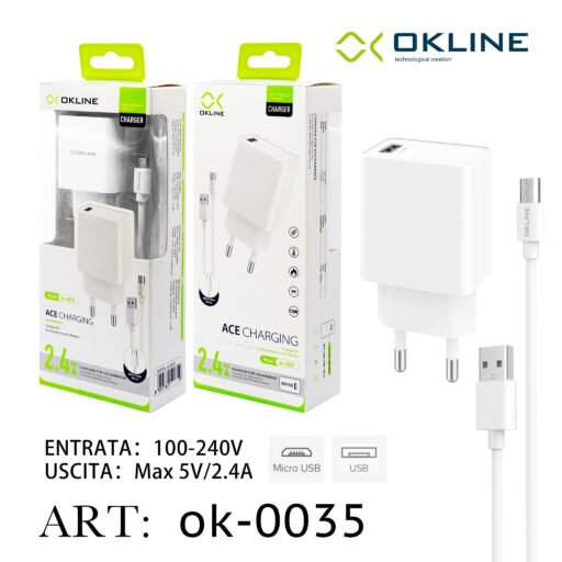 Art.Ok-0035 Okline Usb Caricatore Da Muro 2.4A Con Micro Usb Cavo Bianco