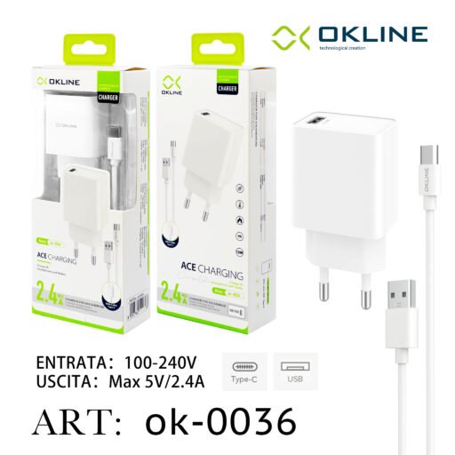Art.Ok-0036 Okline Usb Caricatore Da Muro 2.4A Con Type-C Usb Cavo Bianco
