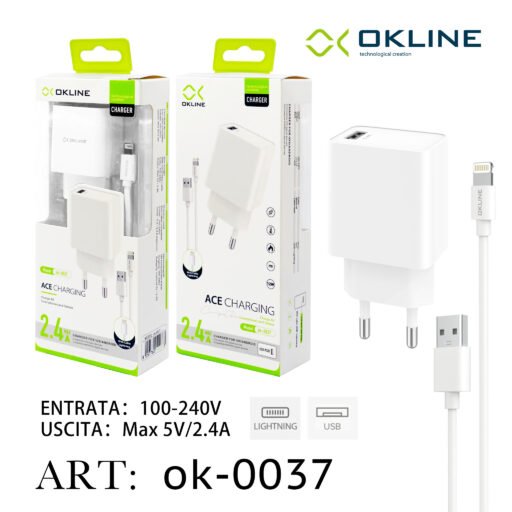 Art.Ok-0037 Okline Usb Caricatore Da Muro 2.4A Con Iphone Lightning Usb Cavo Bianco
