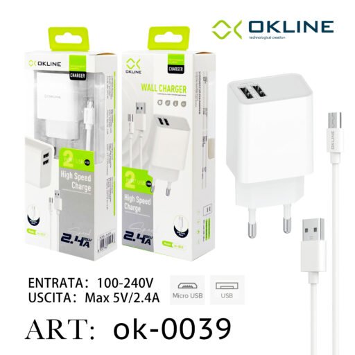 Art.Ok-0039 Okline Usb Caricatore Da Muro 2.4A Con Micro Usb Cavo Bianco